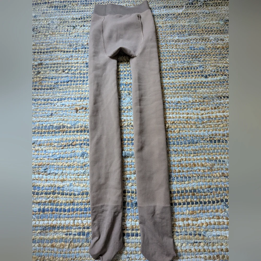 Taupe Fleece Lined Thermal Tights M Faux Sheer Pantyhose Look Warm Winter Minima